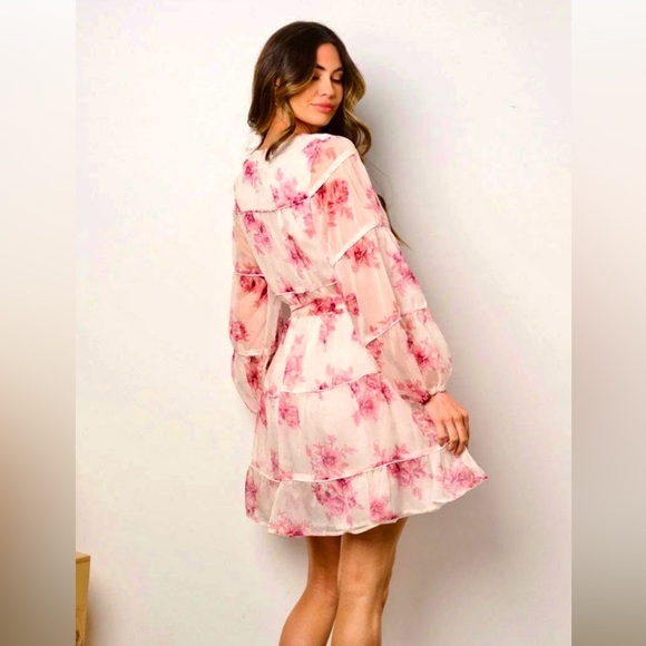 Long Sleeve Button-Up Tiered Floral Mini‎ Short Dress, Floral, Size M, NWT - Picture 5 of 11